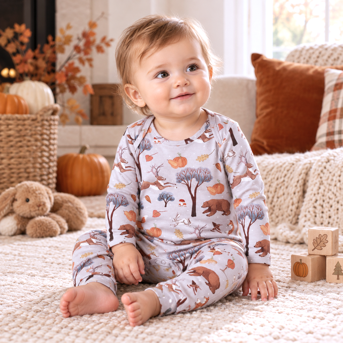 Autumn Woodland Baby Romper - Soft Bamboo Fall Outfit