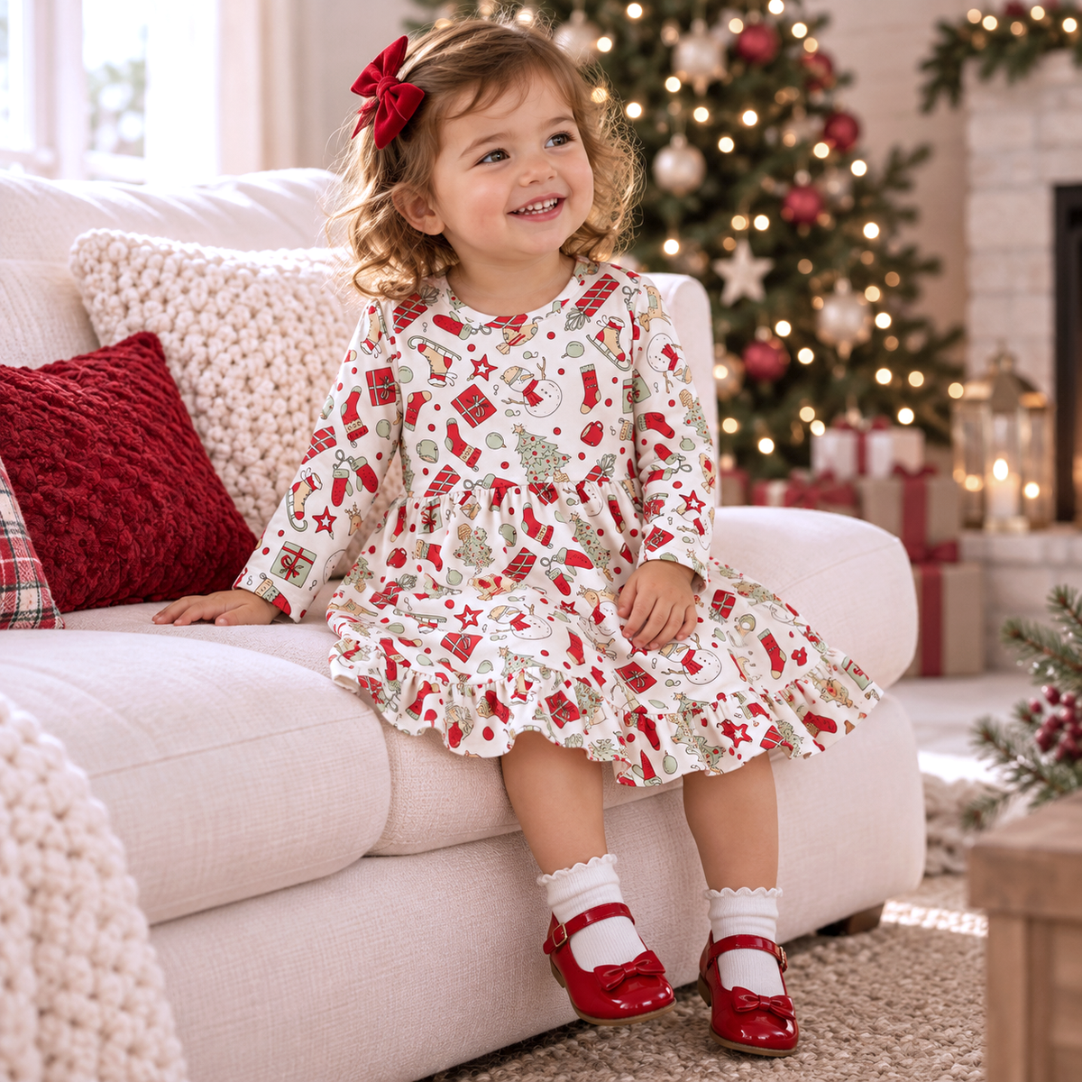 Girls’ Christmas Bamboo Blend Twirl Dress
