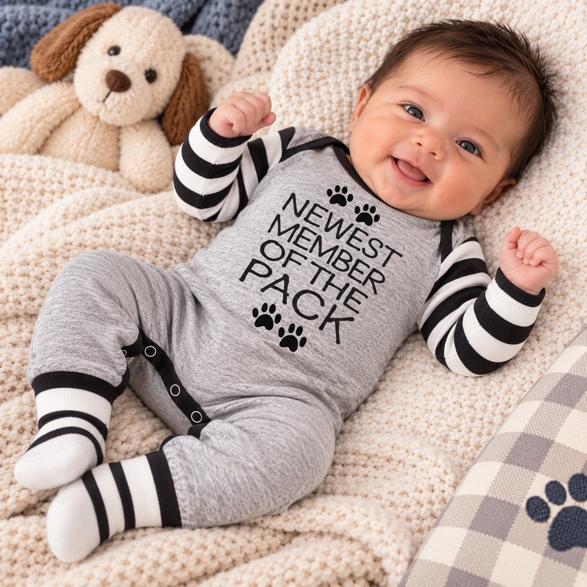 Newest Member of the Pack Grey Romper - Newborn
