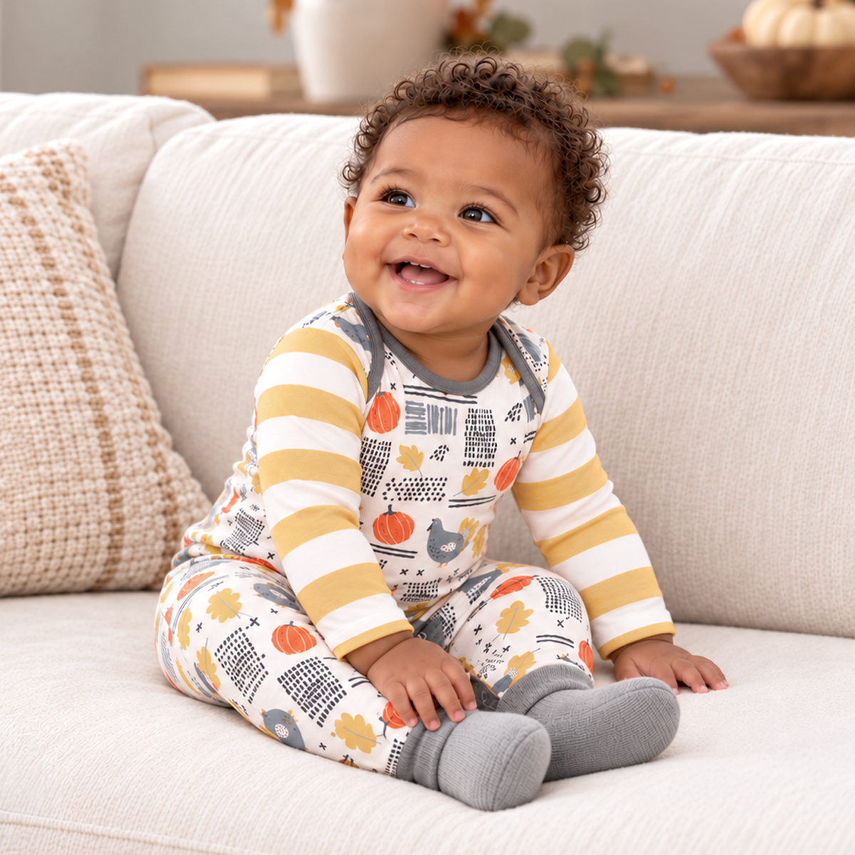 Thanksgiving Bamboo Romper with Stripe Sleeves