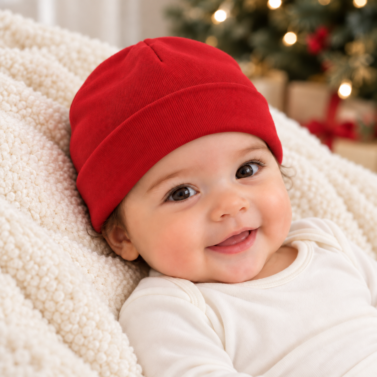 Baby Beanie – Soft Cotton Rib in Red