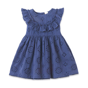 Girls' Eyelet Ruffle Dress - Cotton Blue Embroidered