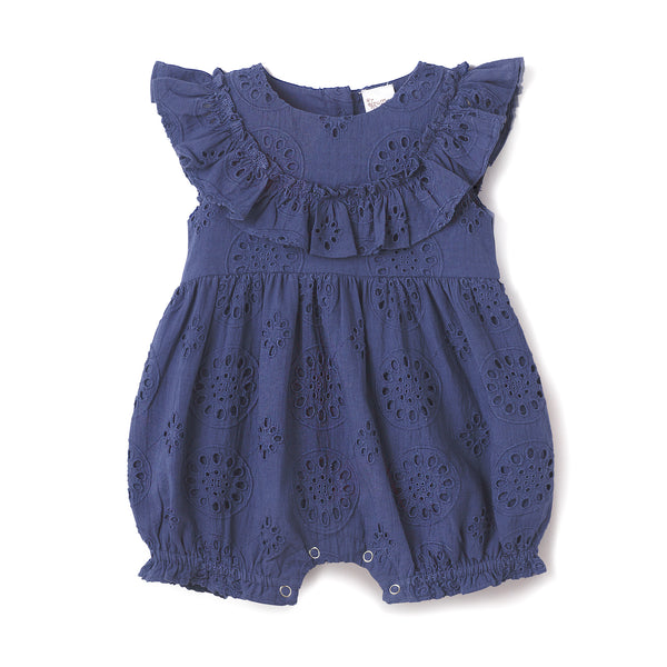 Baby Eyelet Romper Blue Cotton Ruffle One-Piece for Girls
