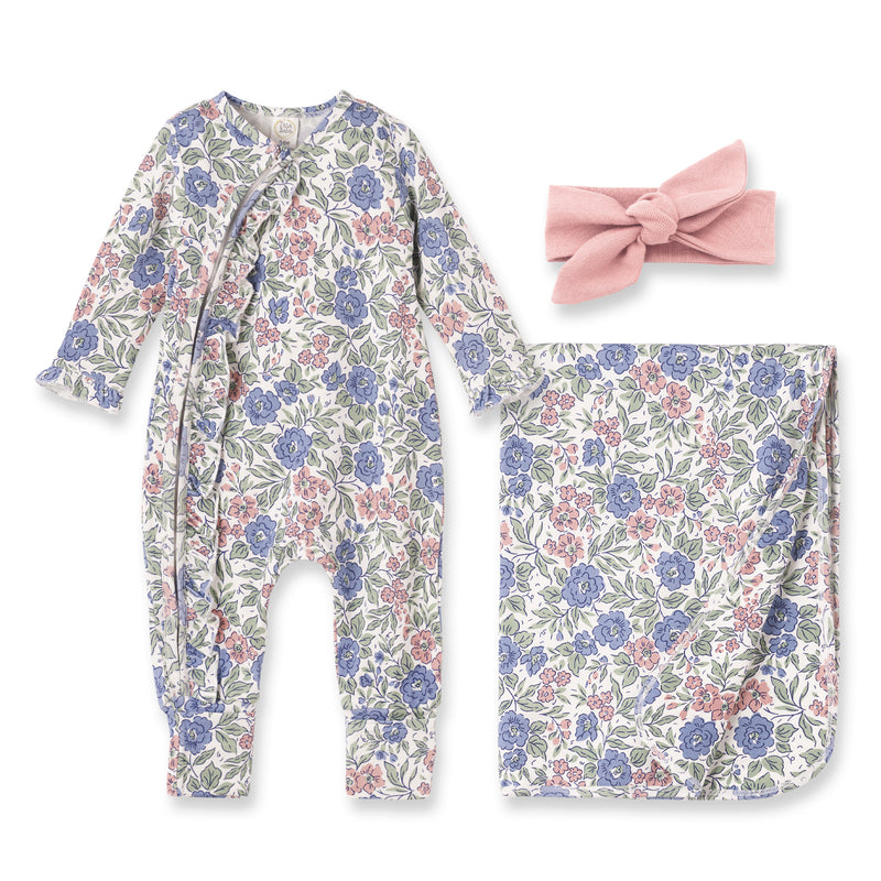 Floral Bamboo Baby Girl 3-Piece Gift Set – Romper, Blanket & Headband