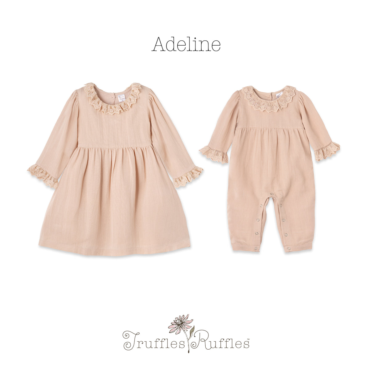 Lace Trim Baby Girl Romper in Soft Beige Rayon Linen