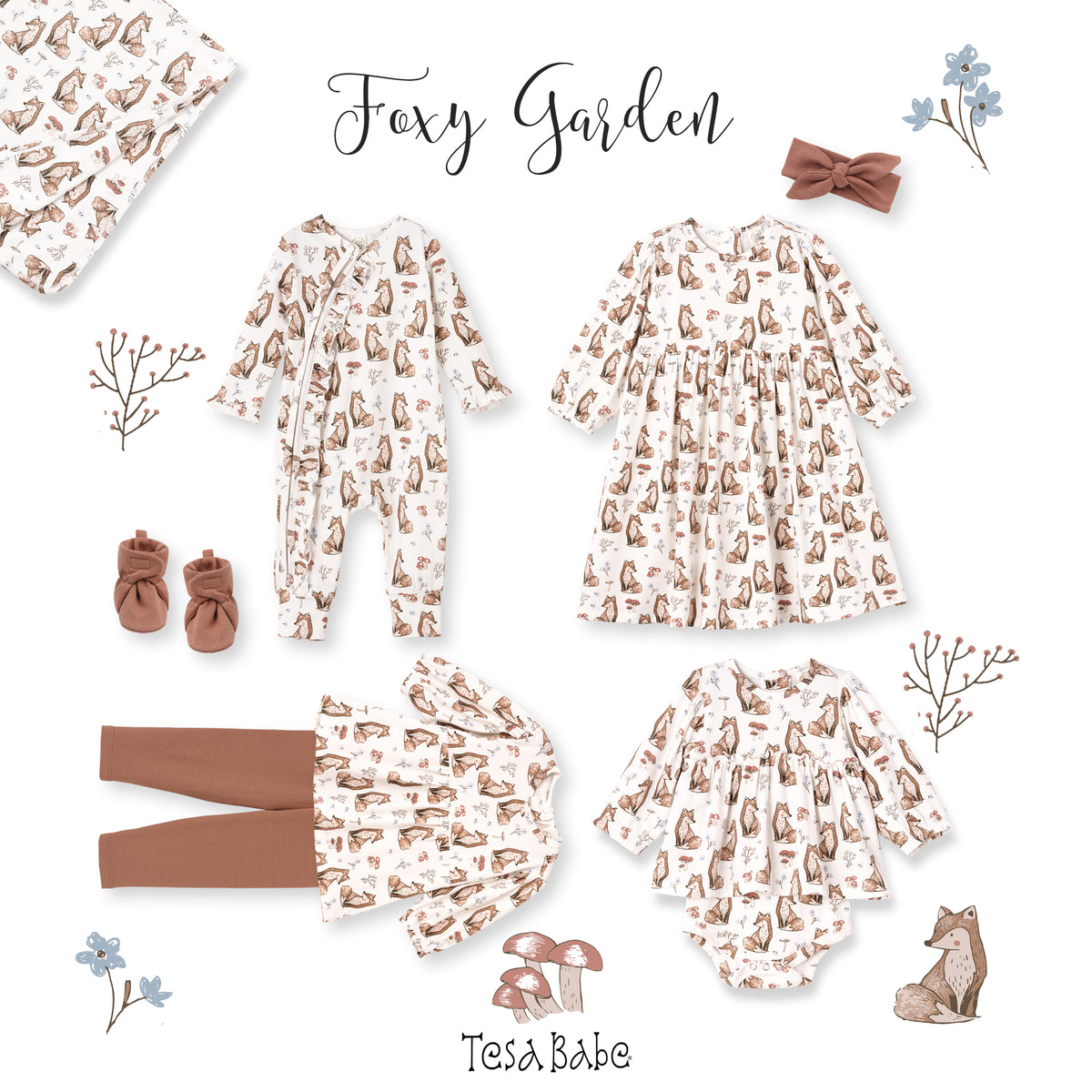 Bamboo Woodland Fox Baby Skirted Bodysuit with Flowers