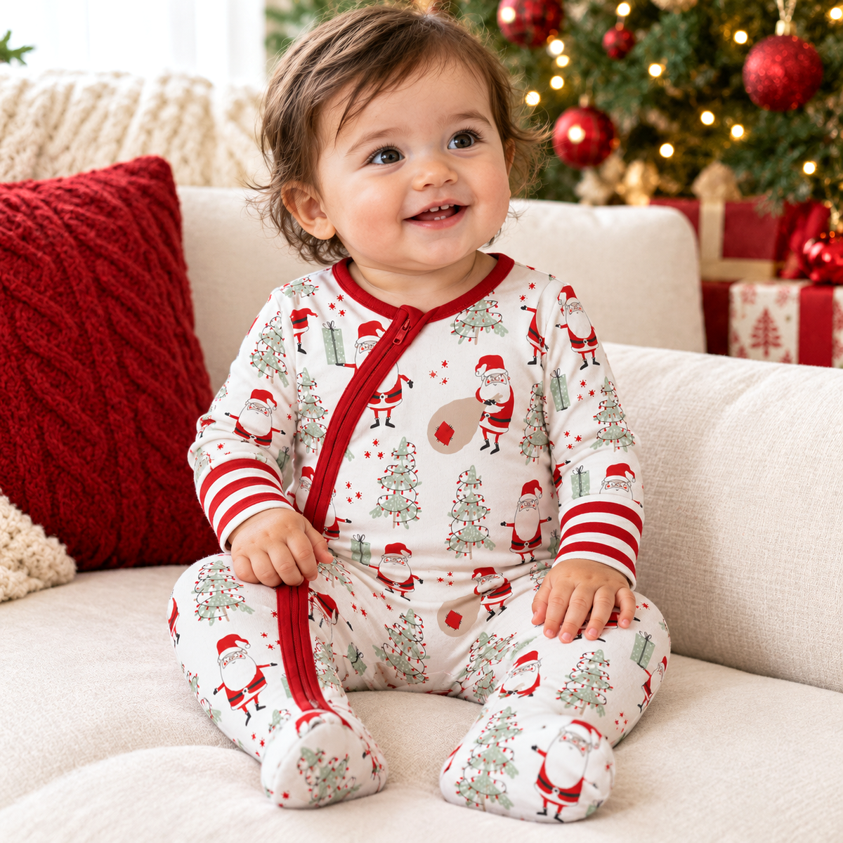Christmas Santa Bamboo Footed Zipper Romper