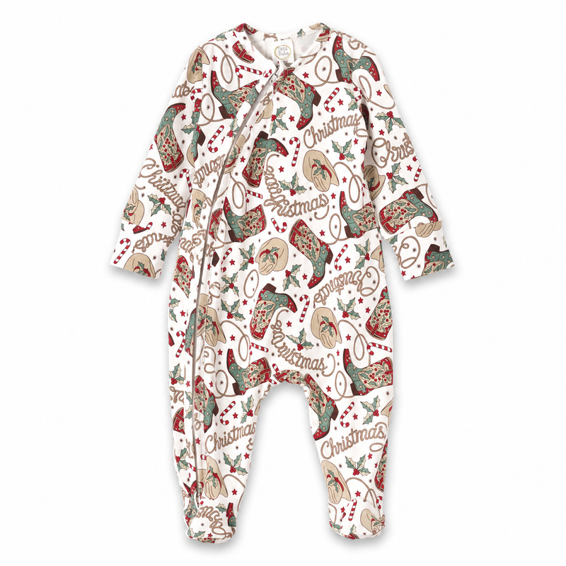 Western Christmas Baby Bamboo Footed Zipper Romper - Cowboy Holiday