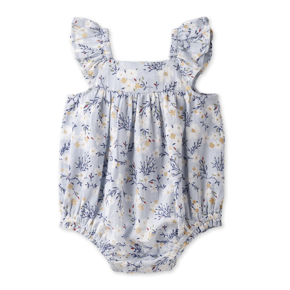 Baby Girl Blue Floral Bubble Romper – Cotton Linen Sunsuit