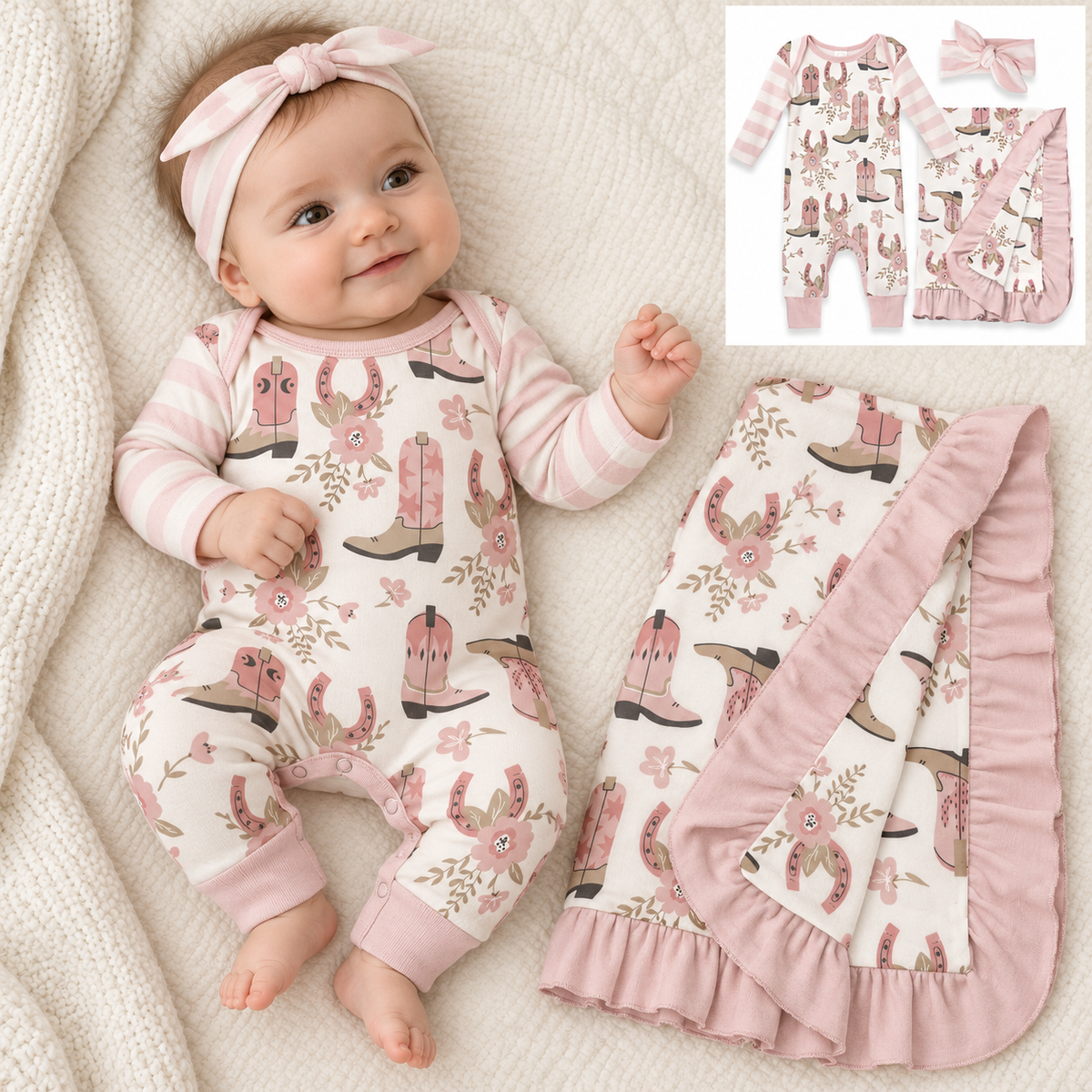 3 Piece Set - Cowgirl Boots Cotton Romper, Blanket & Headband