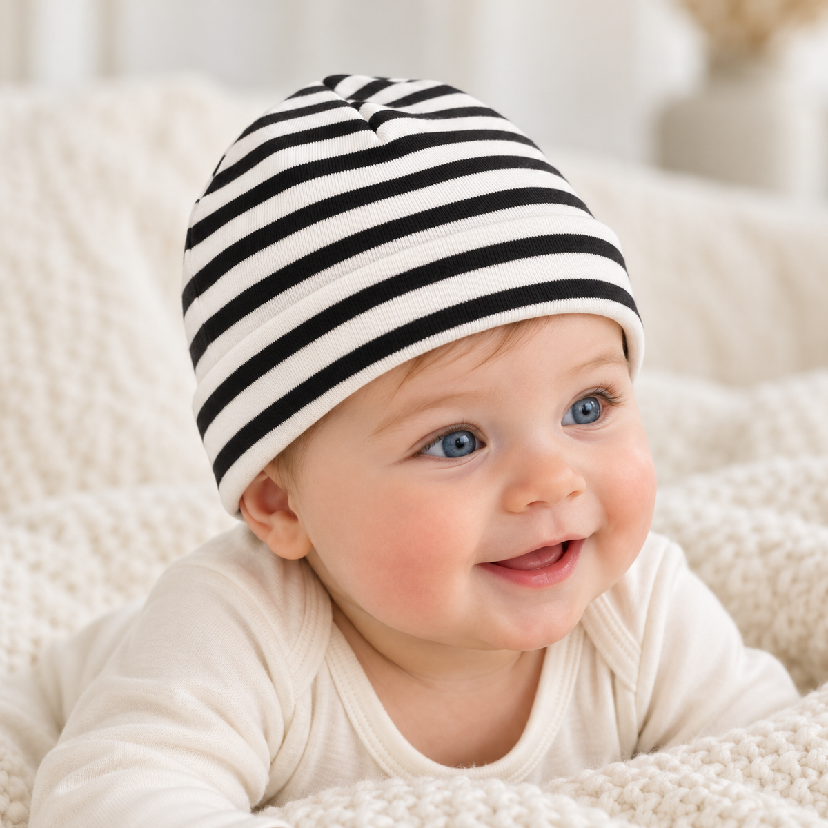 Baby Beanie Black Thin Stripes