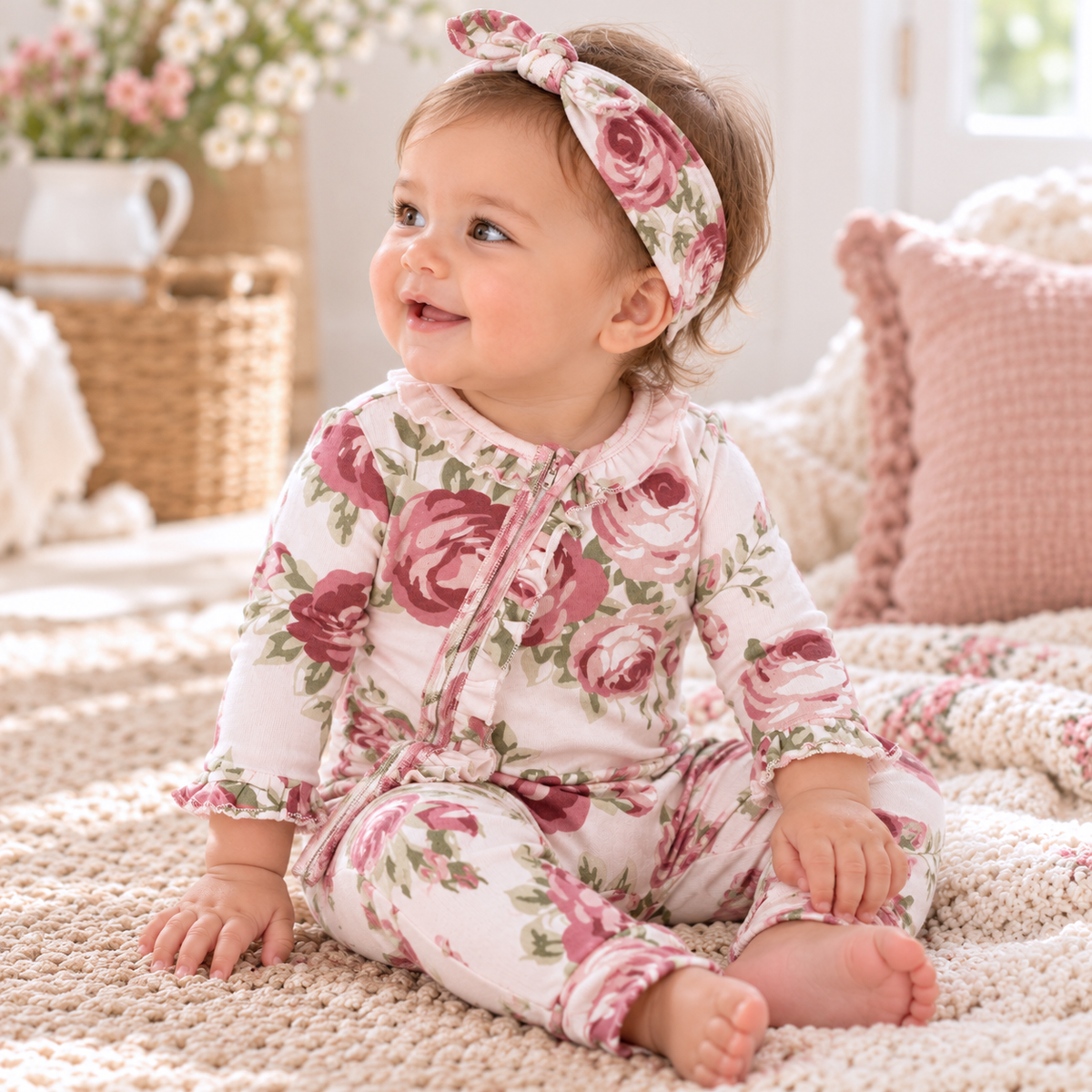 Cabbage Rose Cotton Zippered Romper