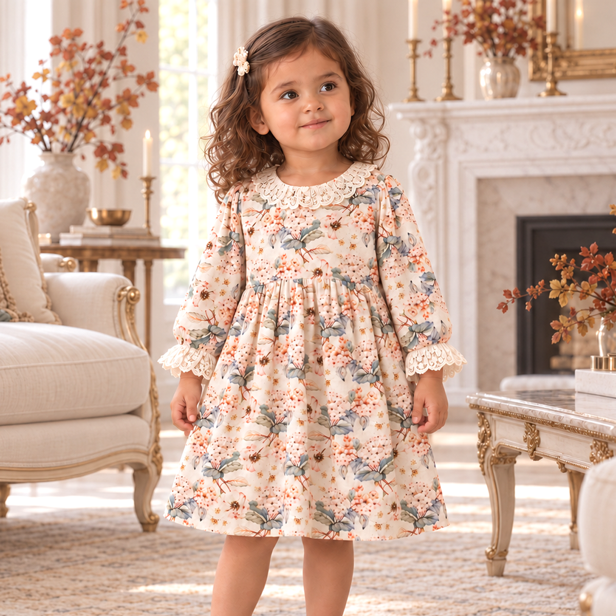 Vintage Floral Dress with Lace Collar Ruffles, Linen Blend