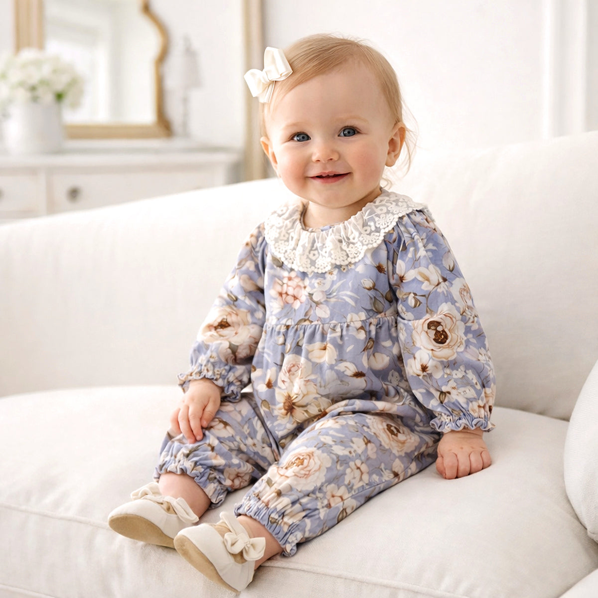 Blue Floral Vintage Linen Baby Romper With Lace Collar