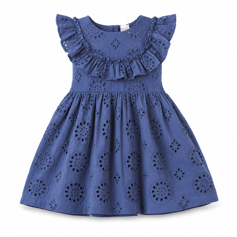 Eyelet Ruffle Dress - Cotton Blue Embroidered