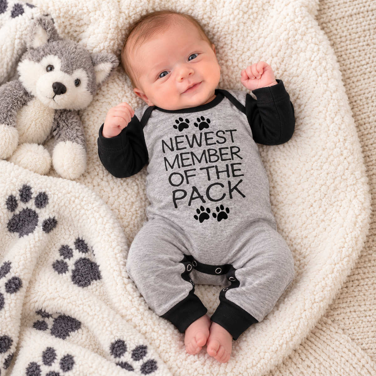Newest Member of the Pack Black-Sleeved Romper Newborn