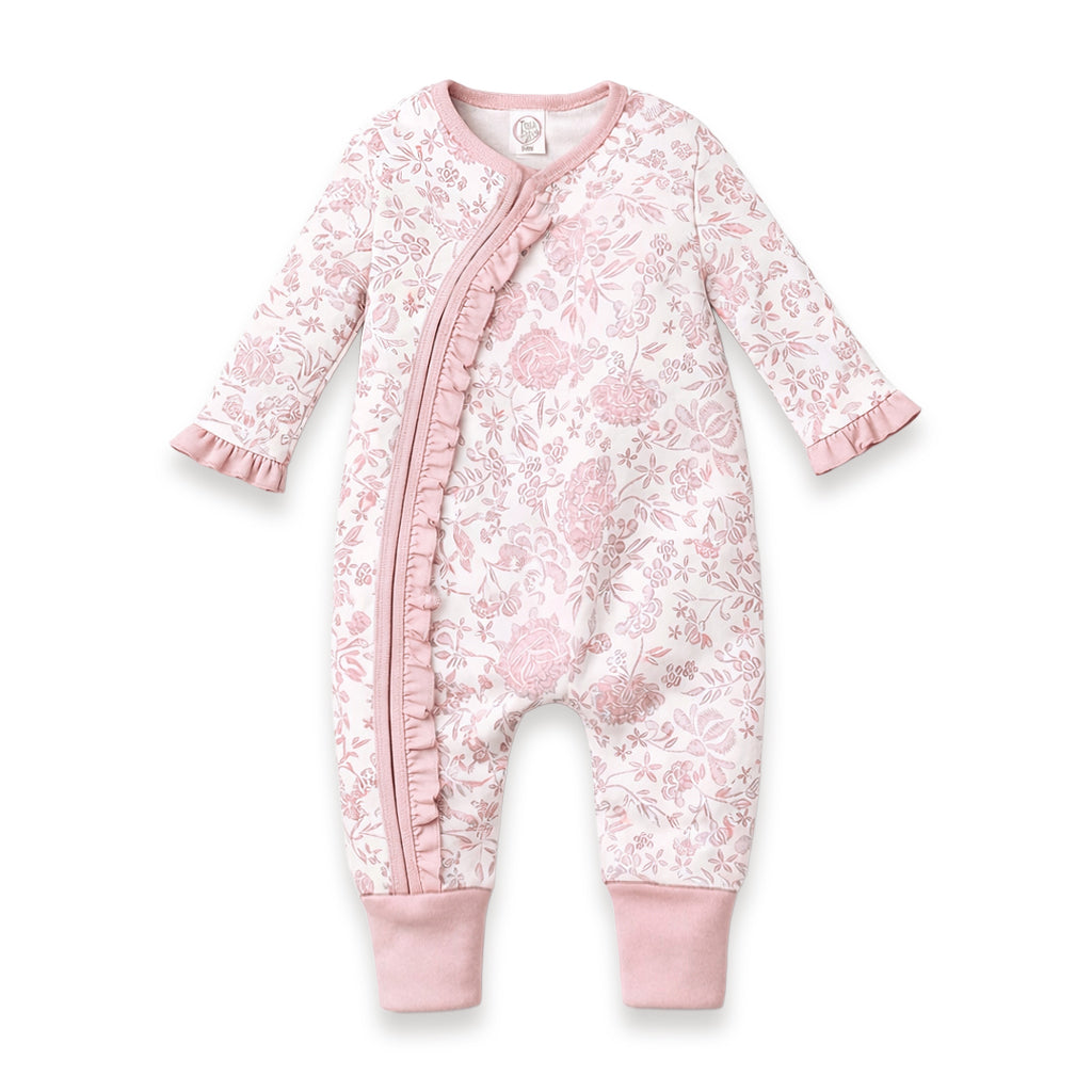 Floral Baby Zipper Romper With Ruffles