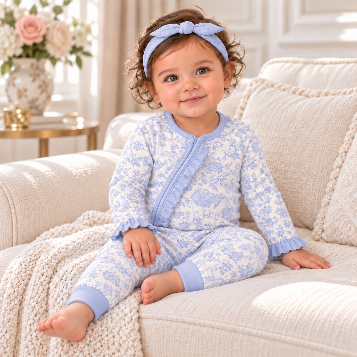 Blue Floral Baby Zipper Romper With Ruffles