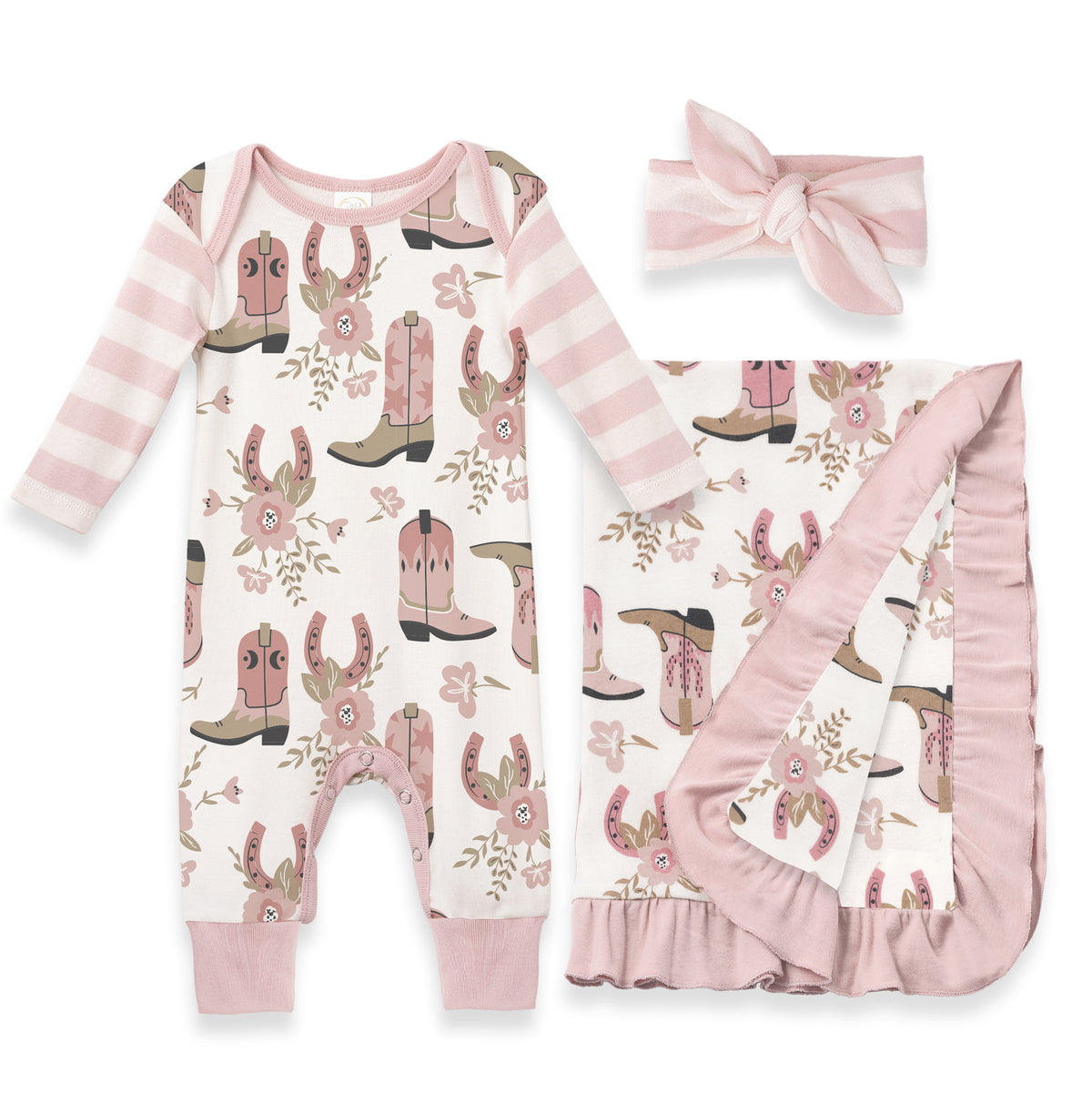 Cowgirl Boots Baby Girl 3-Piece Gift Set – Romper, Blanket & Headband