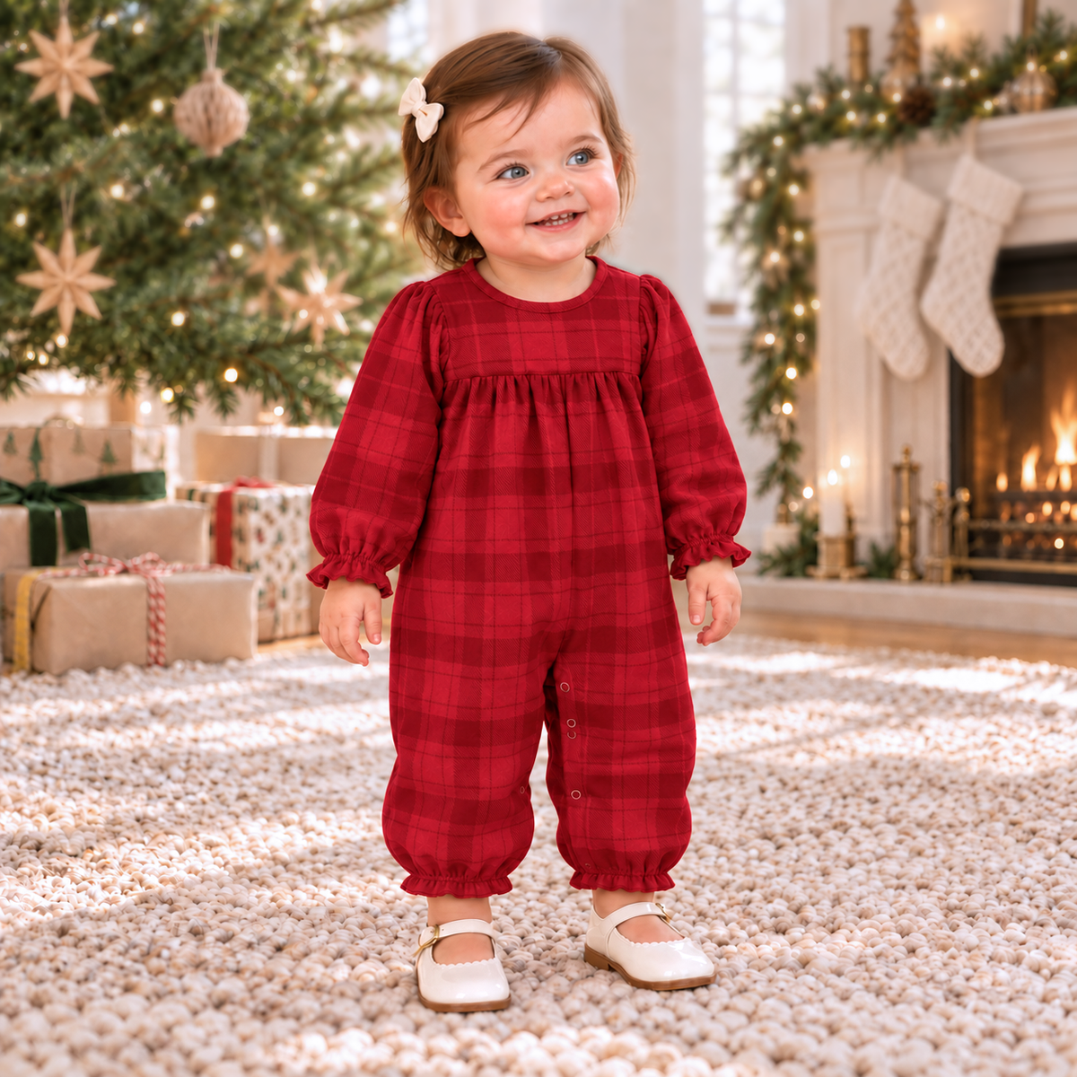 Red Plaid Baby Girl Romper With Ruffles & Puff Sleeves