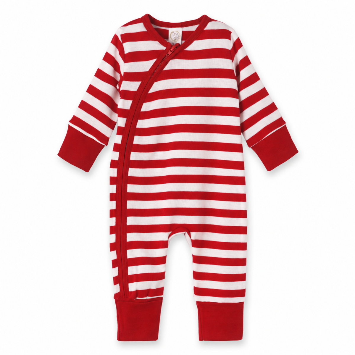 Red Striped Cotton Christmas Zipper Romper with Convertible Cuffs