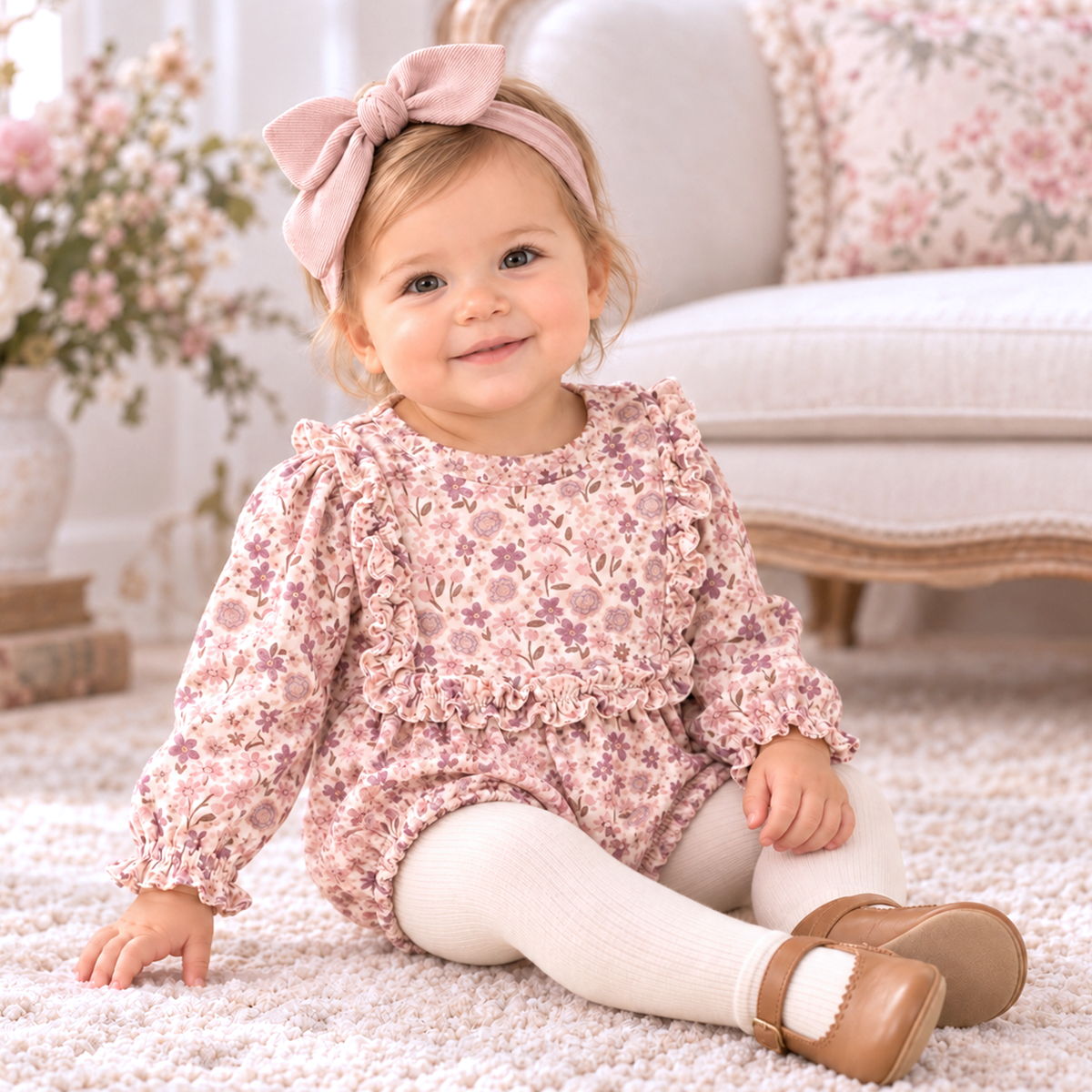 Baby Girl Ruffle Bodysuit – Bamboo Floral One Piece