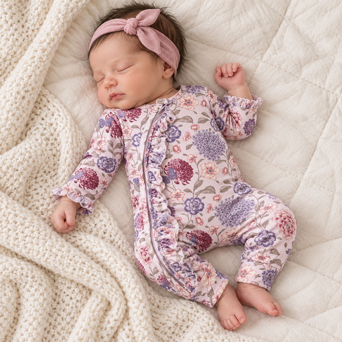 Floral Ruffle Bamboo Zipper Romper - Newborn