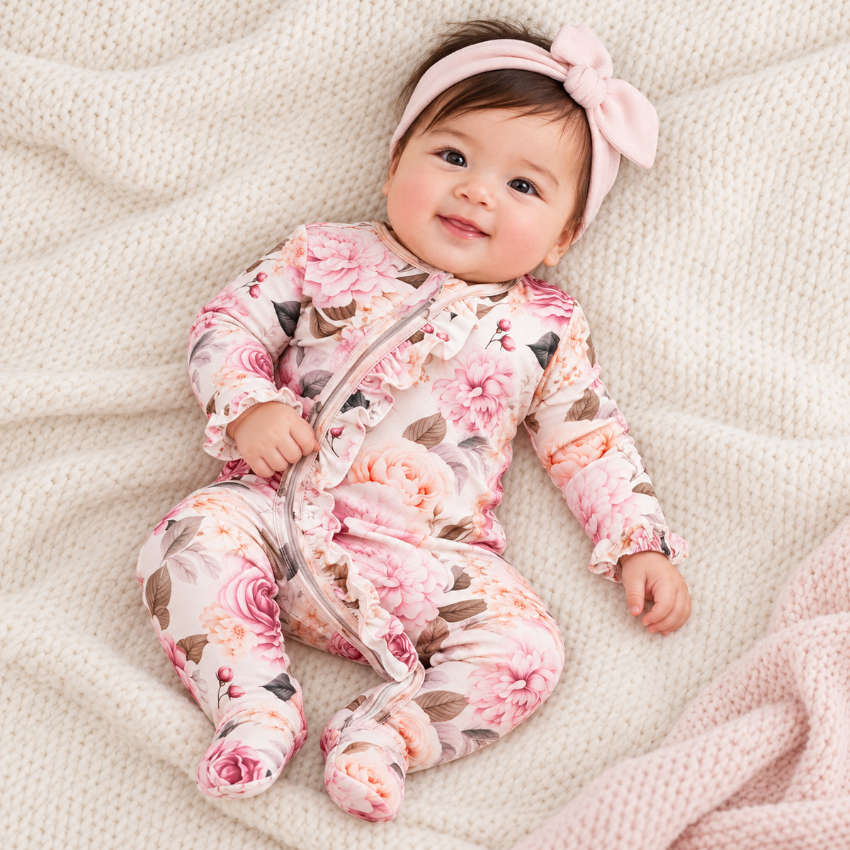 Baby Girls' Bamboo Pink Floral Zipper Romper