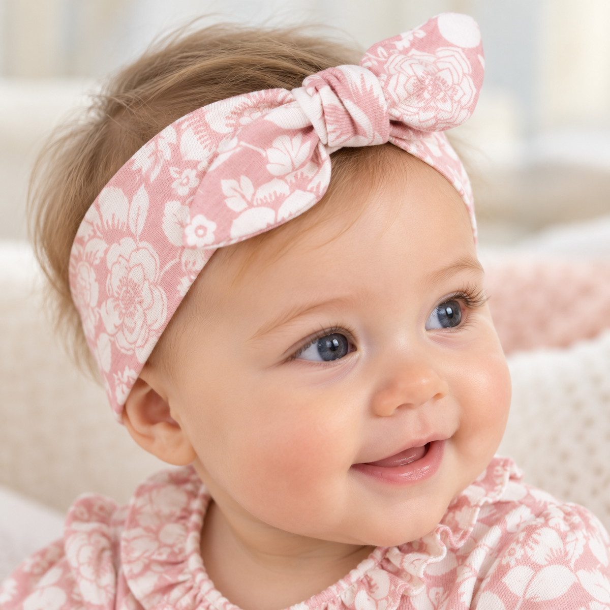 Baby Headband Pink Floral Bamboo