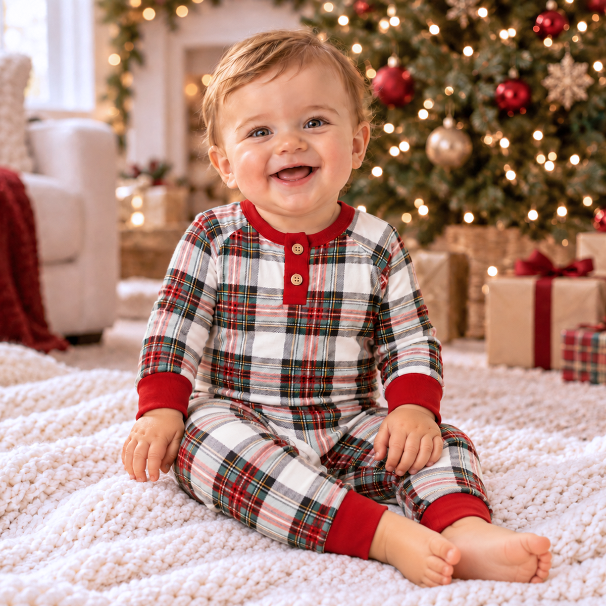 Baby Christmas Plaid Henley Bamboo Romper