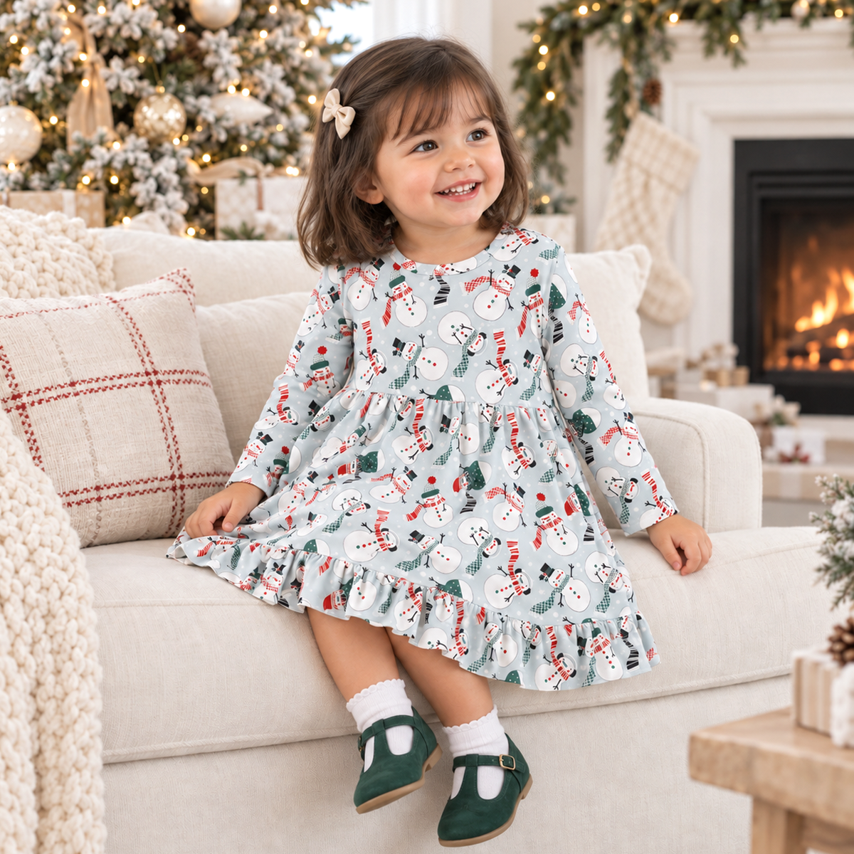 Girl's Christmas Snowmen Bamboo Twirl Dress