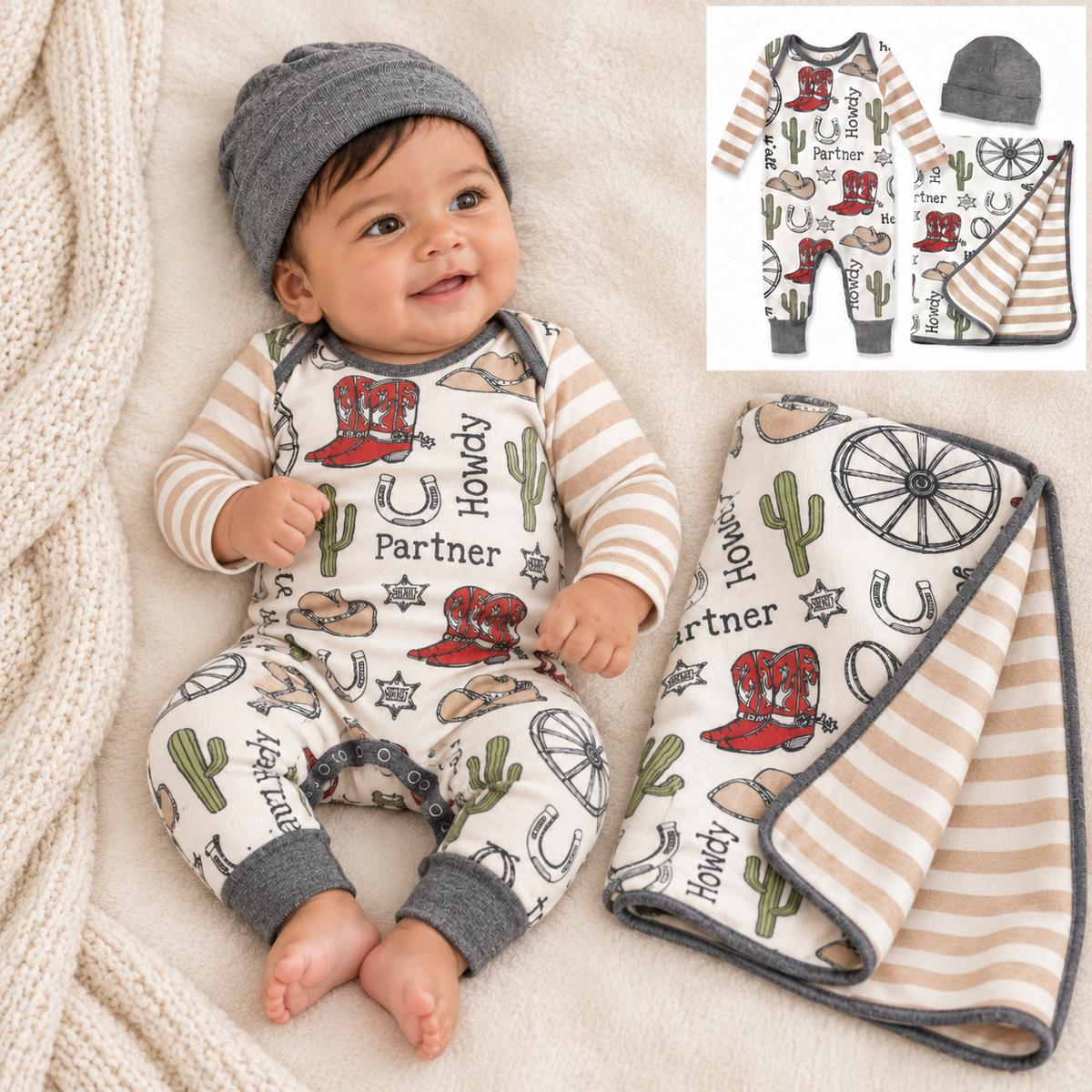 3 Piece Set - Howdy Partner Cotton Romper, Blanket & Beanie