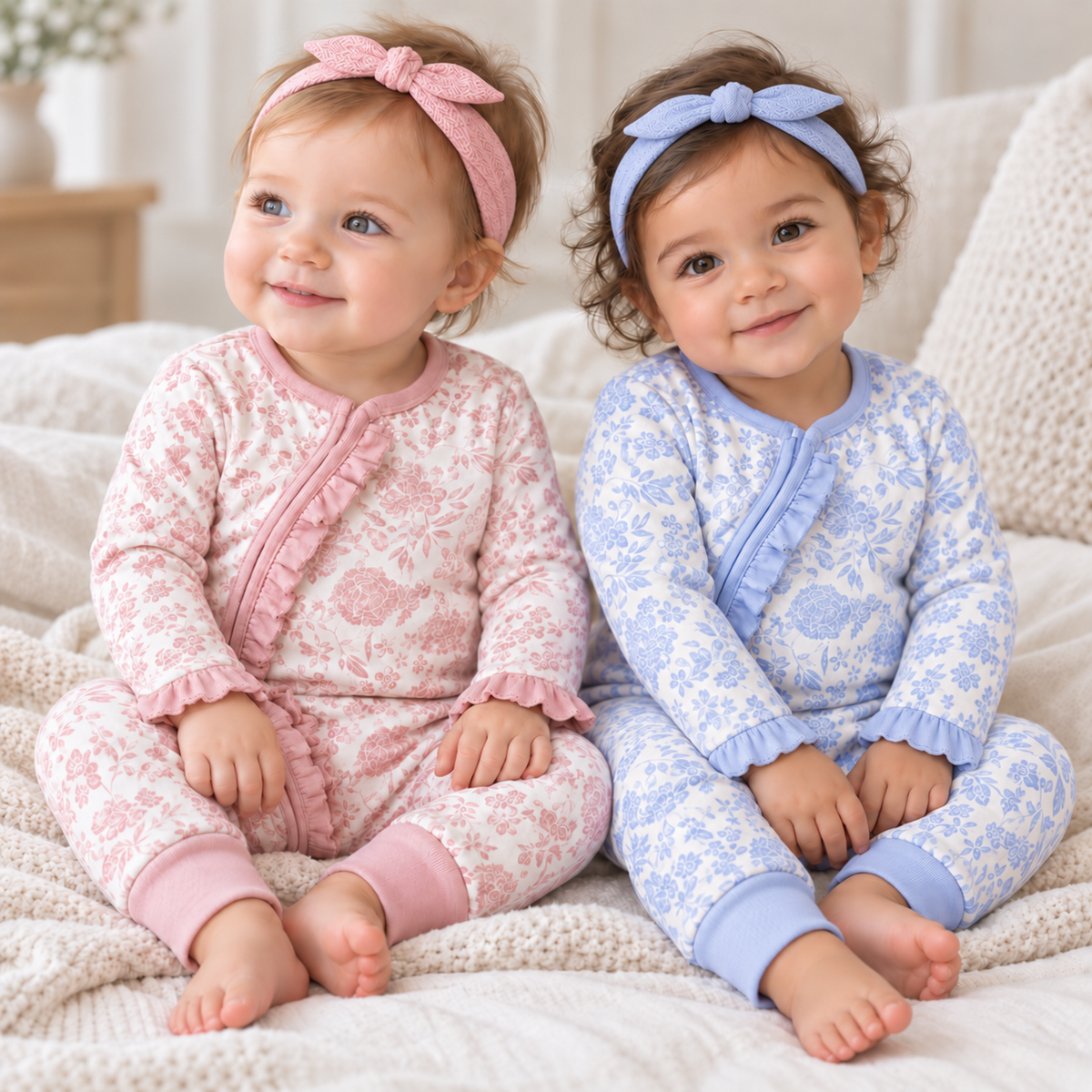 Floral Baby Zipper Cotton Romper With Ruffles