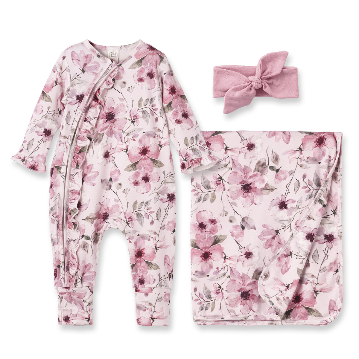 Watercolor Floral Bamboo Baby Girl 3-Piece Gift Set – Romper, Blanket & Headband