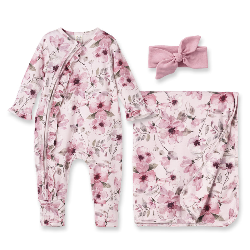 Watercolor Floral Bamboo Baby Girl 3-Piece Gift Set – Romper, Blanket & Headband