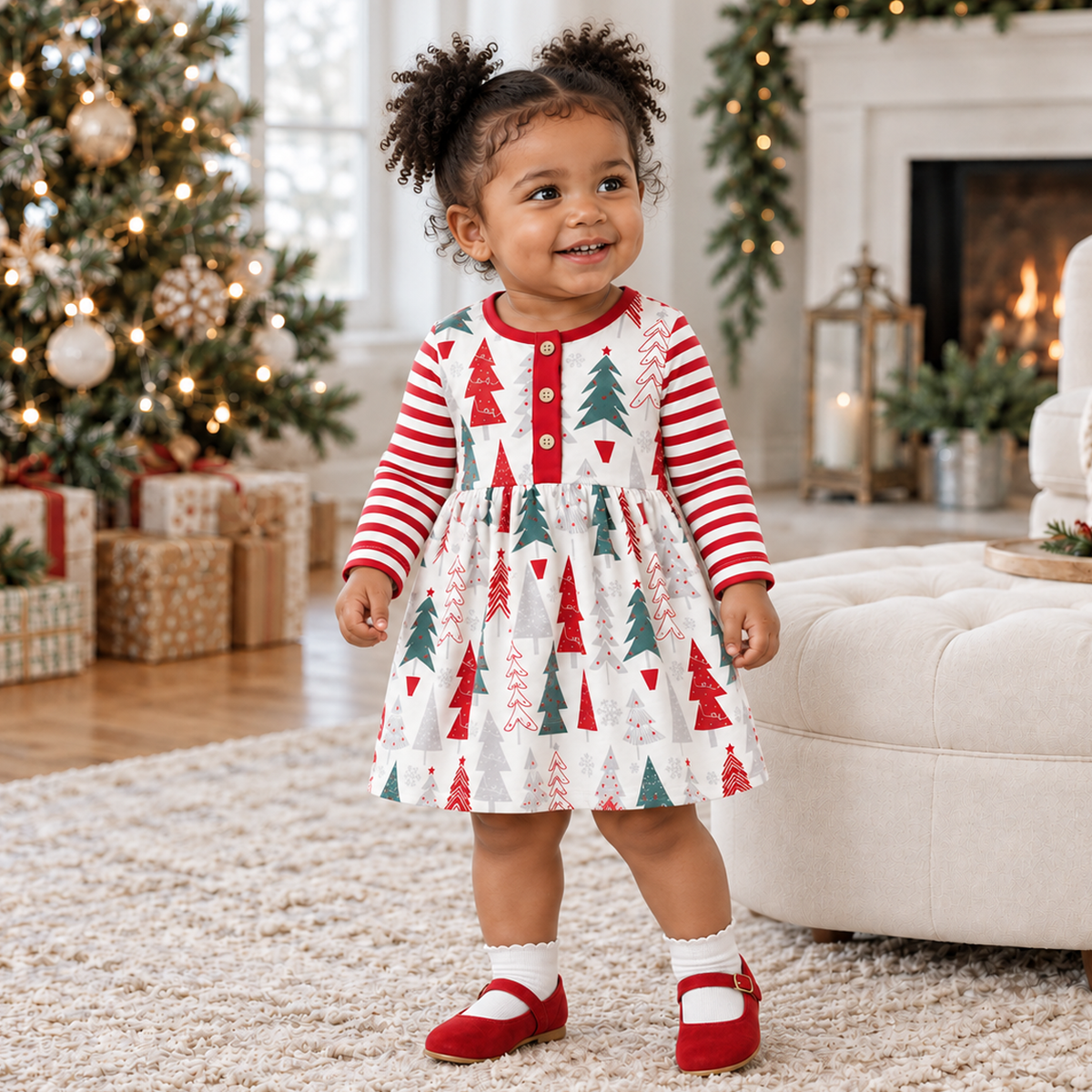 Baby Girl's Christmas Trees Cotton Dress