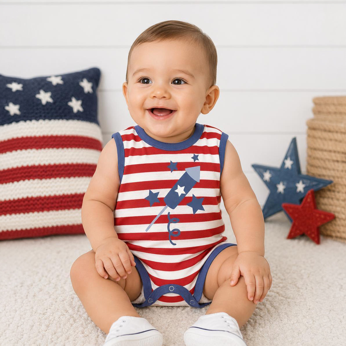 Patriotic Rocket Ship Baby Romper  3-6M