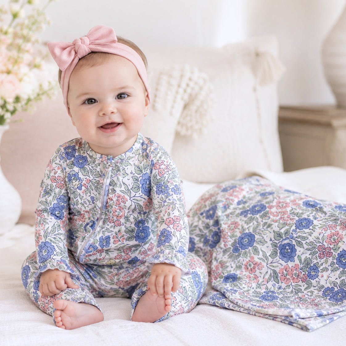 Floral Bamboo Baby Girl 3-Piece Gift Set – Romper, Blanket & Headband