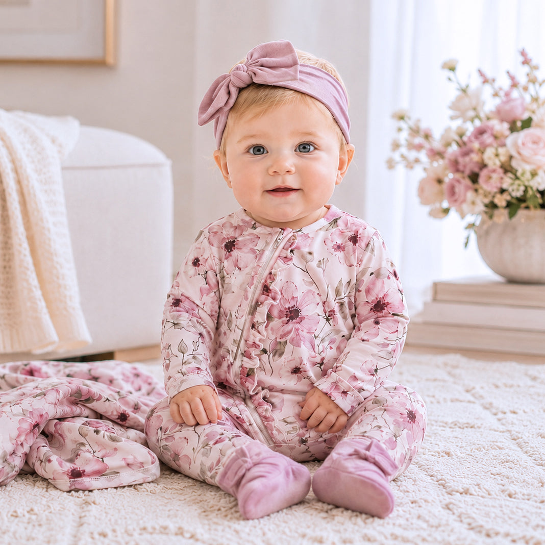 Watercolor Floral Bamboo Baby Girl 3-Piece Gift Set – Romper, Blanket & Headband