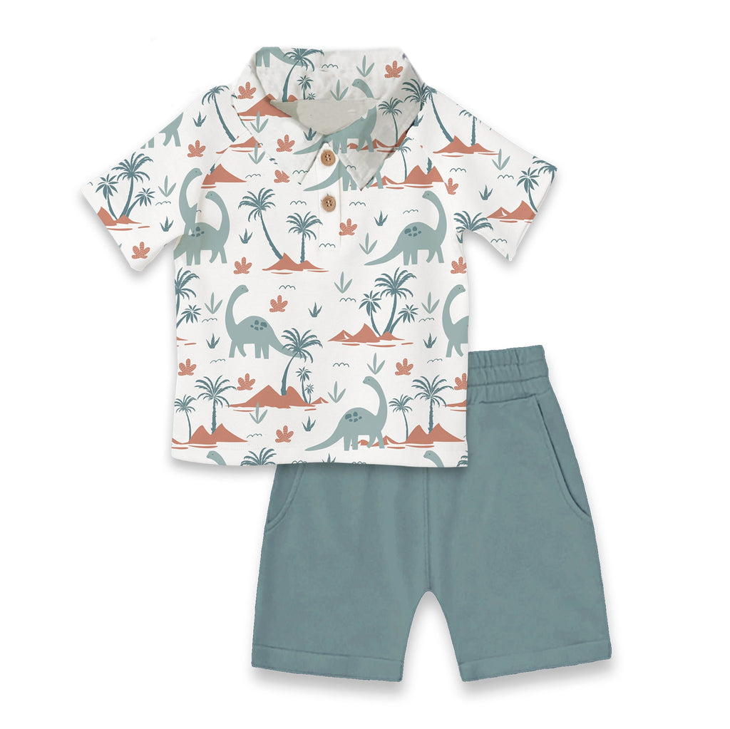 Tesa Babe Baby Boy Clothes 3-6M Dino Isle Bamboo Polo & Shorts