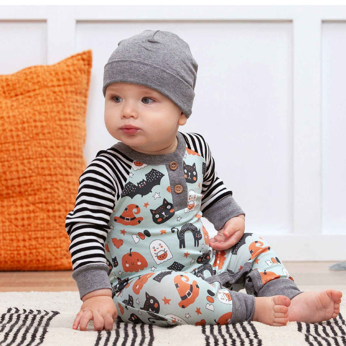 Tesa Babe Baby Boy Clothes Halloween Pumpkin-Pals Henley Bamboo Romper