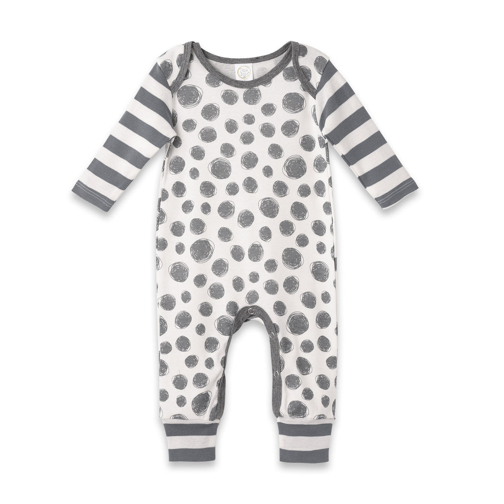 Tesa Babe Baby Boy Clothes Romper / NB LS Romper - Spots-Charcoal Body Charcoal & Ivory Y/D Stripe Sleeves & Cuffscharcoal Neck & & Insea