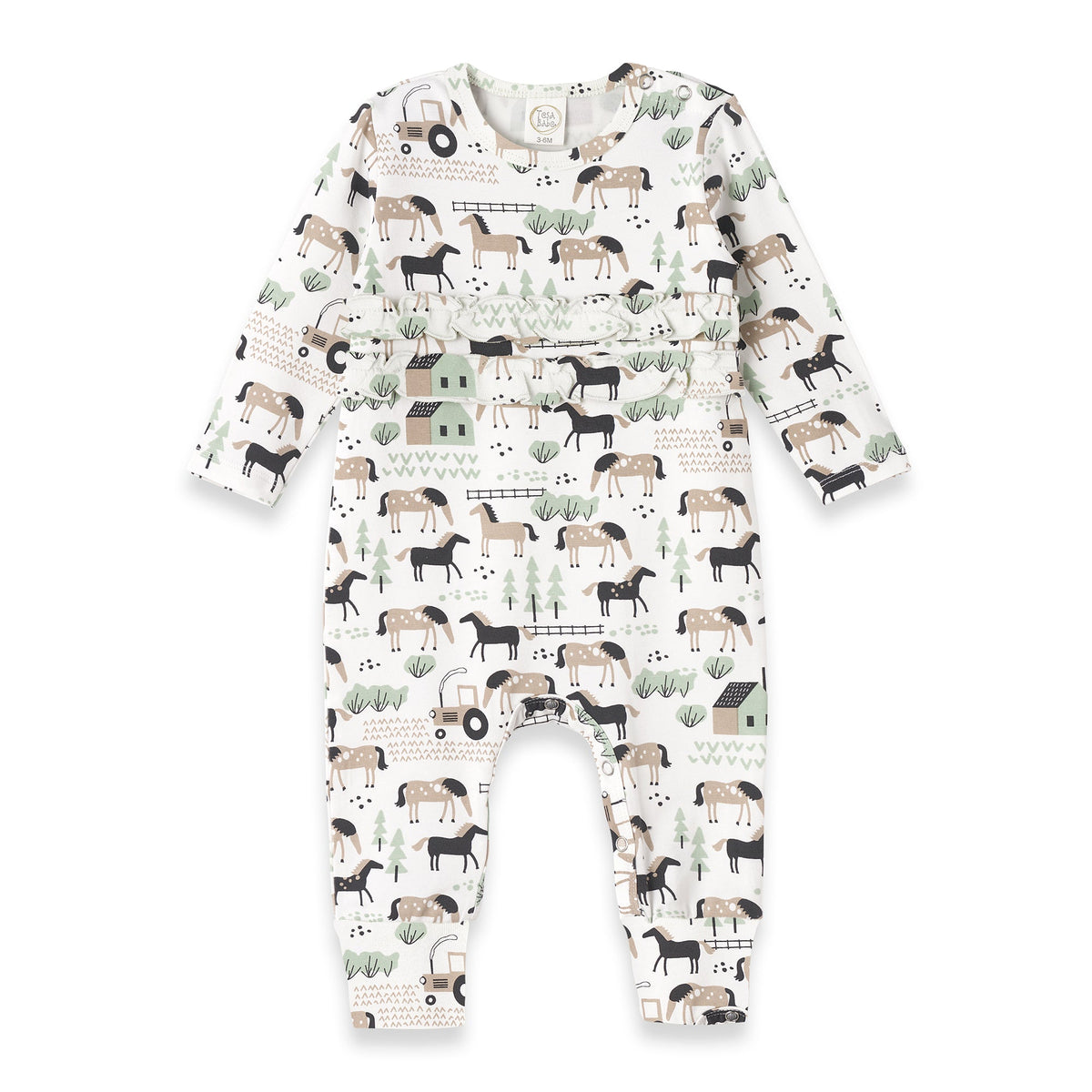 Tesa Babe Baby Girl Clothes Romper / NB Horses On The Farm Bamboo Ruffle Romper