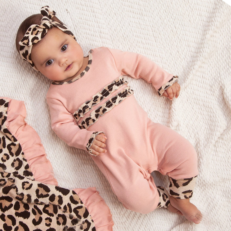 Tesa Babe Baby Girl Clothes Pink Ruffle Romper with Leopard Trim