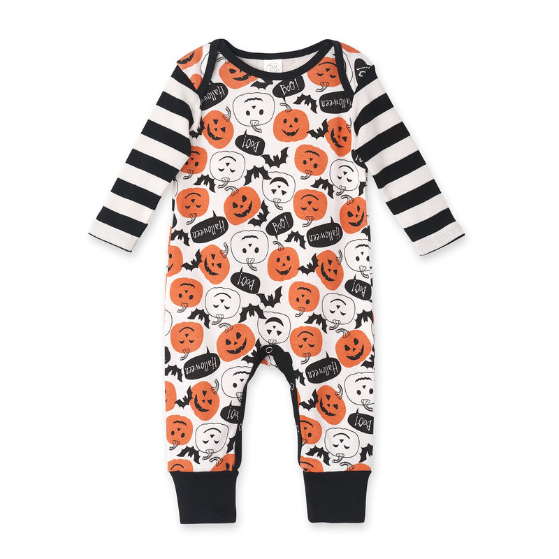 Tesa Babe Baby Unisex Clothing 0-3M LS Romper - Halloween Boo Body Black & Ivory YD Stripe Sleevesblack Neck Cuffs & Inseam