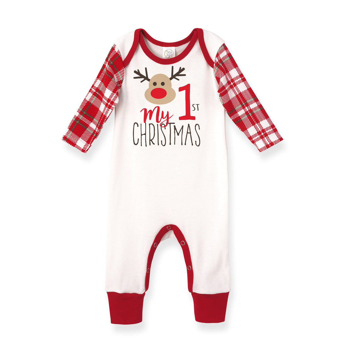 Tesa Babe Base Product NB LS Romper - Red Plaid My 1St Christmas Reindeer Silkscreen #130US