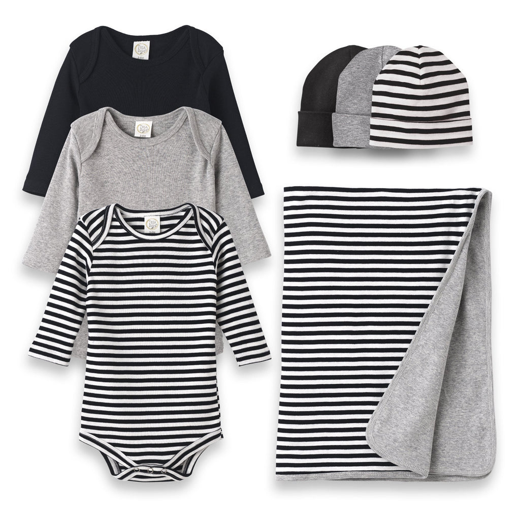 Tesa Babe Sale Offering 0-3M Black Stripes/Heather Grey/Black LS Bodysuits & Hats W/ Black Stripe Blanket