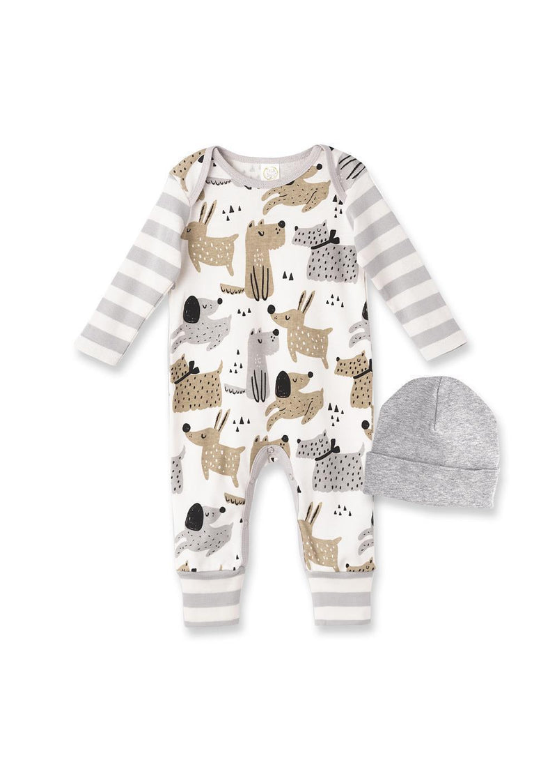 Tesa Babe Sale Offering NB LS Dogs Romper W/Heather Grey Beanie