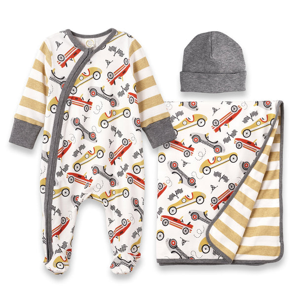 Tesa Babe Sale Offering Speed Racer LS Footed Zipper Romper, Blanket & Charcoal Hat