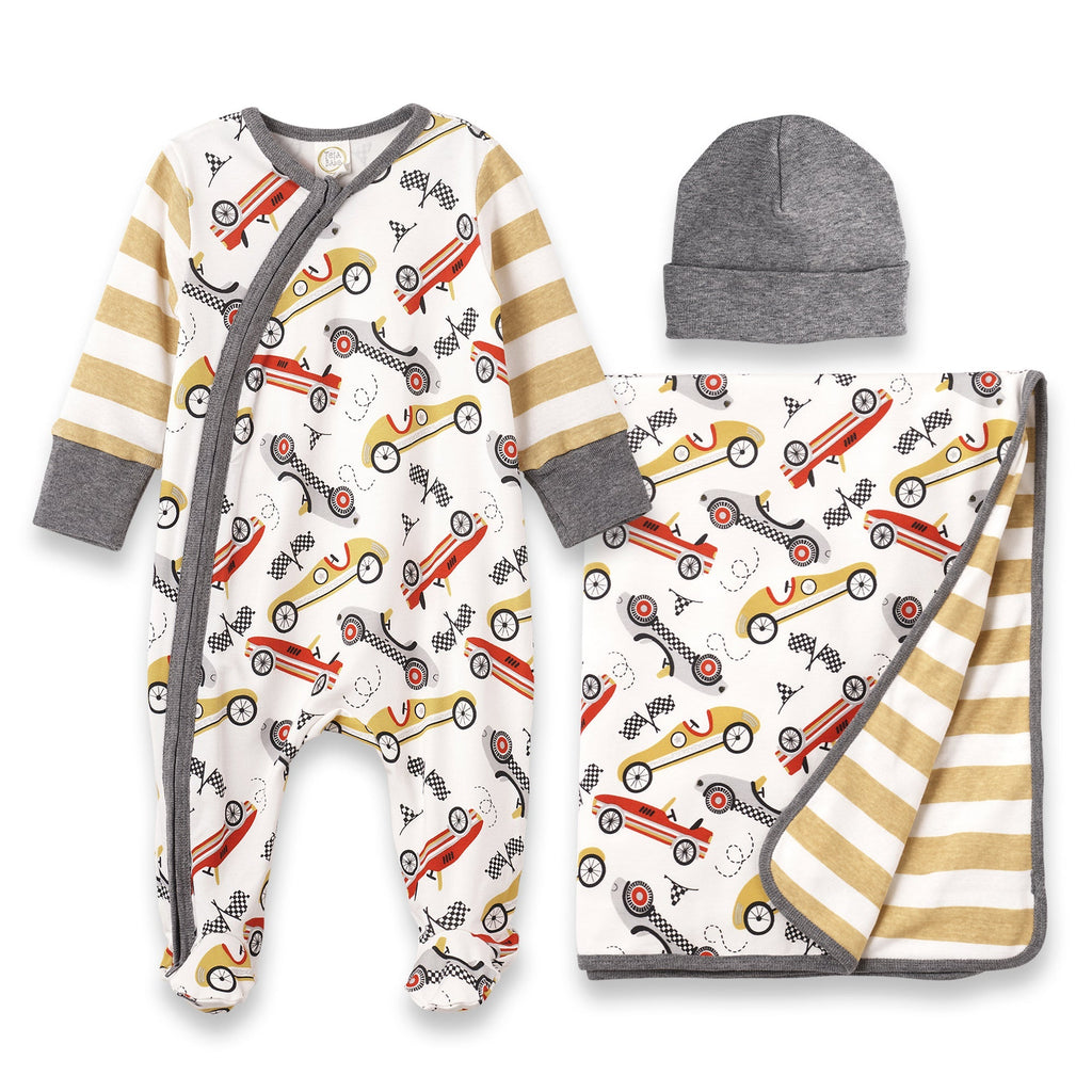 Tesa Babe Sale Offering Speed Racer LS Footed Zipper Romper, Blanket & Charcoal Hat